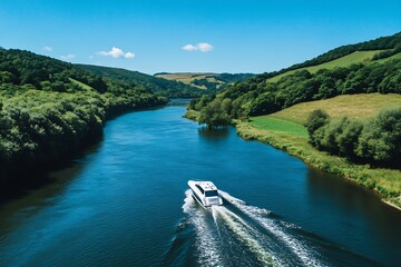Aufkleber - Aerial View of Speedboat Navigating Through a Picturesque River Surrounded by Lush Green Hills : Generative AI