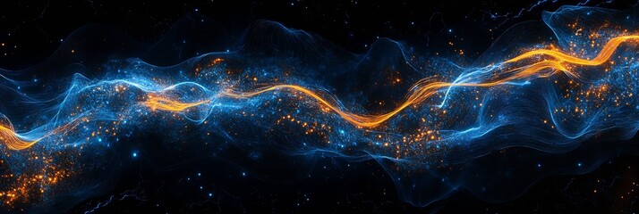 Poster - Vibrant flowing light wave with blue and orange tones creating a dynamic visual backdrop : Generative AI