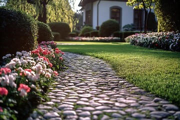 Poster - Charming Garden Pathway Lined with Flourishing Flowers Leading to a Cozy Home Surrounded by Nature : Generative AI