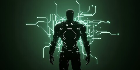 Poster - Futuristic Robot Silhouette with Circuit Background in Neon Green