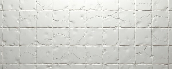 Poster - White tile wall background with cracked grout lines. Square shaped tiles with irregular texture. Distressed surface of aged building ceramic material. Renovation project for interior design with