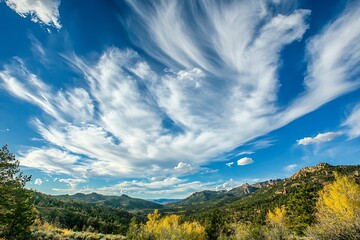 Poster - Breathtaking view of a mountainous landscape with vibrant clouds streaking across a bright blue sky at sunset : Generative AI