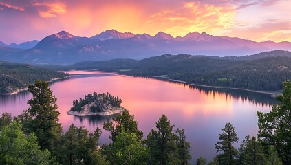 Poster - Idyllic lake surrounded by majestic mountains at sunset showcasing nature's vibrant hues : Generative AI