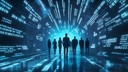 Poster - Group of professionals in silhouette standing at the end of a data-driven tunnel signifying advancement in technology : Generative AI