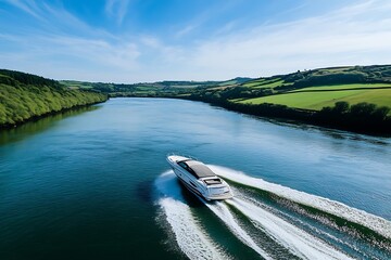 Poster - Modern Luxury Yacht Cruising on Clear Water of Serene River with Rolling Green Hills in Background : Generative AI