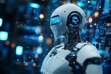 Poster - Futuristic Robot with High-Tech Features and Digital Background
