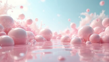 Aufkleber - Floating spheres background in pink and white. Abstract pastel colors, clear sky, water surface. Modern wallpaper, futuristic concept, shadow and light, clean design. 3D rendering modern art.