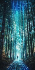 Poster - Ethereal Light Beams Through Tall Forest Trees at Dusk