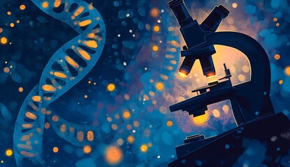 Fototapete - Innovative microscope with glowing DNA model surrounded by atmospheric lighting effects emphasizing the essence of research : Generative AI