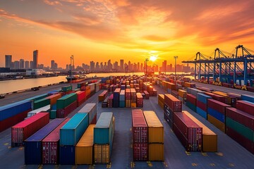 Poster - Vibrant Sunset Lighting Up a Bustling Shipping Container Port with Urban Skyline Background : Generative AI