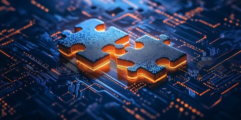 Leinwandbilder - Illuminated Puzzle Pieces on a Circuit Board Representing Collaboration : Generative AI