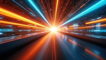 Leinwandbilder - a vibrant tunnel of light conveys motion, speed with blue, orange colors. a sense of energy, futuris