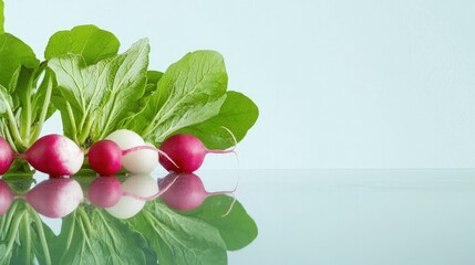 Poster - clean close-up of radishes with their leafy tops arranged neatly on smooth surface with subtle reflections and wide