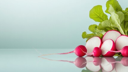 Poster - clean close-up of radishes with their leafy tops arranged neatly on smooth surface with subtle reflections and wide