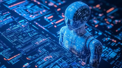 Poster - Futuristic Robot with Digital Interface in Blue and Orange Colors