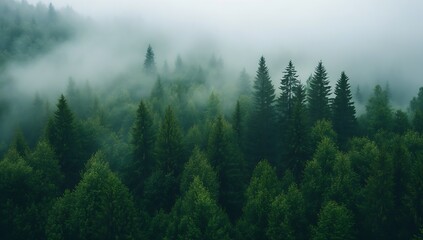 Poster - Serene Misty Forest Landscape with Lush Green Trees Under Soft Fog : Generative AI