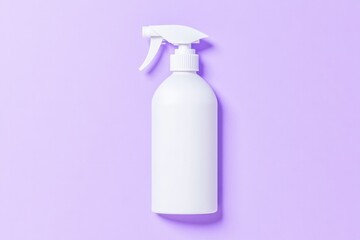 Poster - conceptual design of white spray bottle with matte finish centered on lavender solid background with soft shadows