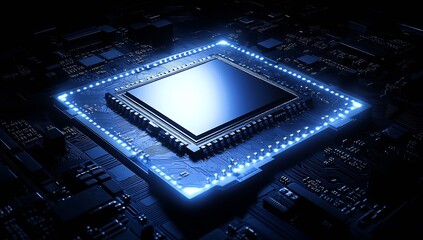 Aufkleber - Futuristic microchip glowing on a high-tech circuit board in dim light highlighting advanced technology : Generative AI