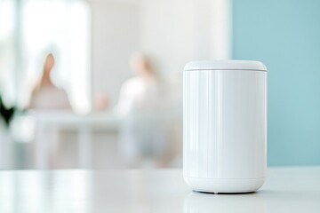 Poster - consultant demonstrating household appliance operation in clean minimalistic setting with blurred figures in background
