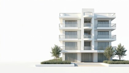 Poster - Modern white condominium building isolated on clean background. Balconies with glass railings offer outdoor living spaces. Urban multi-story architecture, real estate property, new construction