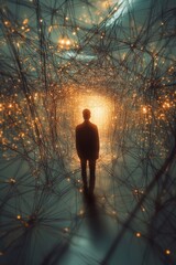 Poster - Mysterious Figure in Abstract Light Tunnel with Sparkling Effects