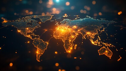 Poster - Brilliantly Illuminated World Map with Intense Orange Aspects and Network Connections Representing Global Data : Generative AI