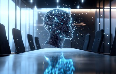 Poster - Creative 3D holographic head design in a sleek modern business setting : Generative AI