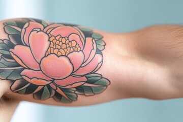 Poster - detailed macro shot of vibrant tattoo sleeve under soft natural light highlighting intricate details
