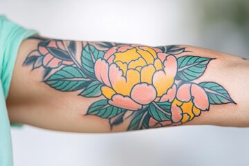 Poster - detailed macro shot of vibrant tattoo sleeve under soft natural light highlighting intricate details