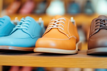 Poster - detailed view of shoes neatly arranged on shelves organized by color and style with soft lighting and generous copy