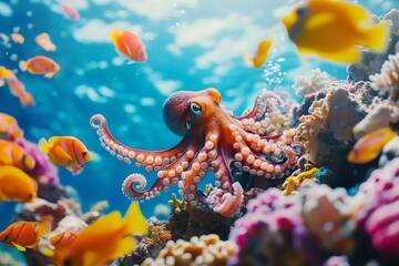 Poster - Vibrant underwater scene featuring colorful octopus among lively fish in coral reef ecosystem : Generative AI