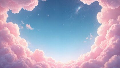 Poster - Dreamy sky framed by soft pink, blue clouds. Fluffy pastel colors create calming peaceful serene atmosphere. Fantasy magical starry night glitters, sparkles with bright vibrant abstract artistic