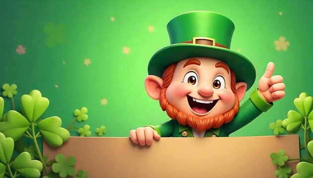A Leprechaun St Patrick Day cartoon character giving a thumbs up, peeking over a sign and pointing at it, Happy St. Patrick's Day banner design, created with generative ai