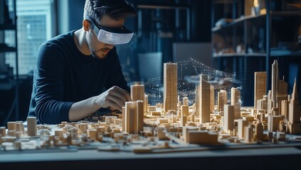 Poster - Focused engineer creating a detailed cityscape model using augmented reality technology : Generative AI