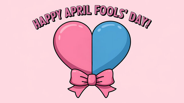 An April Fools' Day background banner with pink and blue hearts, a yellow smiley face, and a pink bow, April Fool's day flyer template, poster, web banner, header for website, 1st April, generative ai