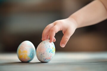 Poster - festive image of child hand reaching for painted egg during easter activity with background blurred for focus and clean
