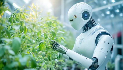 Poster - Sophisticated humanoid robot examining plants in a sustainable greenhouse setup : Generative AI