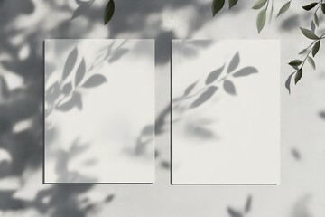 Poster - Two Empty White Papers Casting Shadows from Plant Leaves on a Neutral Background : Generative AI