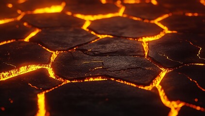 Poster - Mesmerizing view of glowing gaps in volcanic rock showcasing a striking cracking pattern and fiery hues : Generative AI