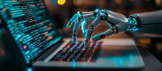 Leinwandbilder - Detailed shot of a robotic hand typing on a laptop illuminated by bright lights and blurred background : Generative AI