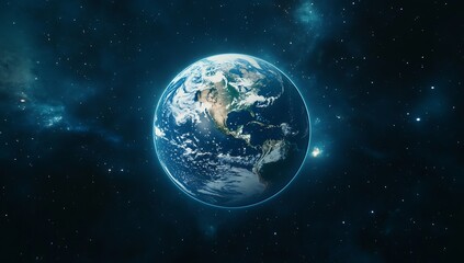 Poster - Vibrant depiction of Earth reflecting sunlight and surrounded by a starry deep space background : Generative AI