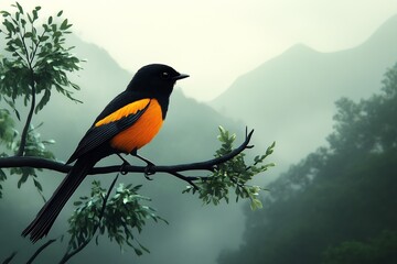 Poster - A vibrant black and orange bird sitting elegantly on a branch in a misty mountain landscape : Generative AI