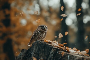 Poster - Majestic owl calmly observing its surroundings while an array of autumn leaves flutters in the air : Generative AI