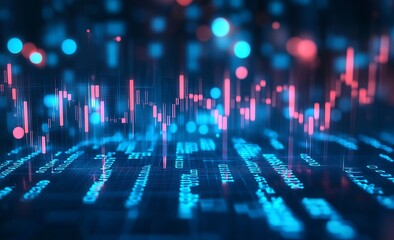 Poster - Futuristic finance background featuring colorful glowing data points and stock market trends in vivid tones : Generative AI