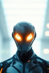 Poster - minimalist portrait of humanoid alien with metallic features their glowing eyes gazing directly at camera set against