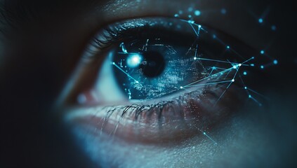 Fototapete - Close-up of a human eye projecting a digital network map showcasing data and global connections : Generative AI
