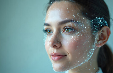 Fototapete - Side view of woman with face digital scanning. Biometric identification process, facial recognition tech, data safety. Cyber security concept. Secure access, protection of personal data. Digital face