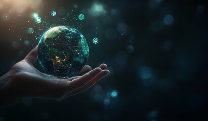 Fototapete - Mystical holographic Earth in hands with glowing symbols representing technology and modern innovations : Generative AI