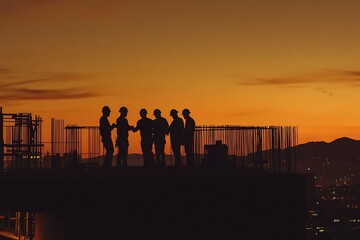 Poster - Group of construction workers silhouetted against a sunset while discussing project details atop a building : Generative AI