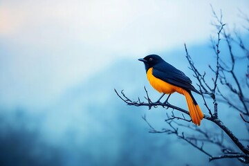 Poster - Colorful orange and black bird sitting on a branch with soft focused misty landscape background : Generative AI